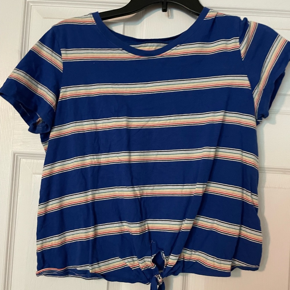 Blue with colored stripe crop top.